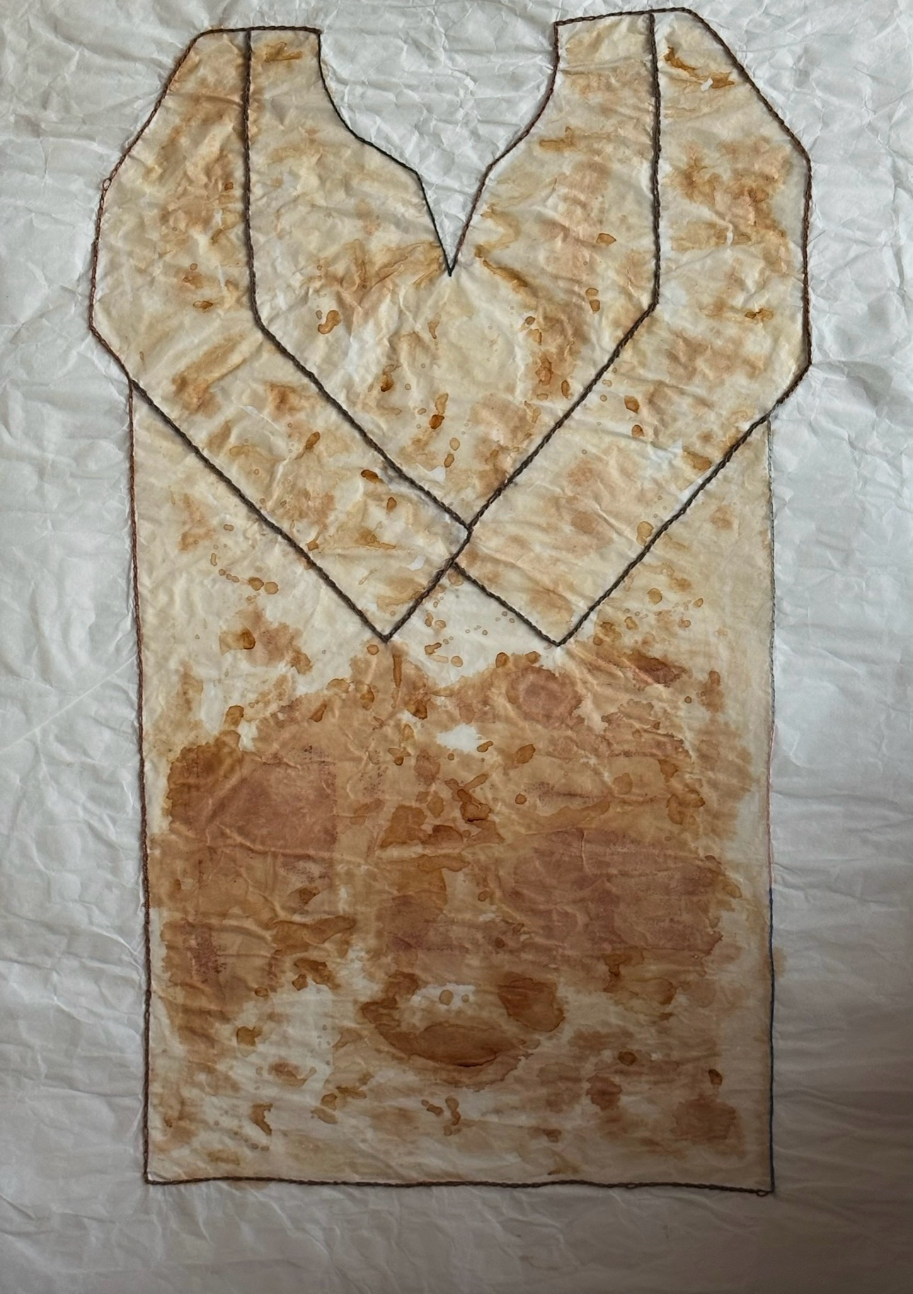 Kashmir Chronicles–01, Tetley tea ink, handmade Kashmiri sheer chai ink, and yarn on Japanese rice paper 25 × 36 in., 2023